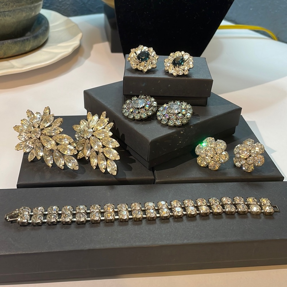 4 Pair Vintage Earrings & 1 Bracelet Rhinestones